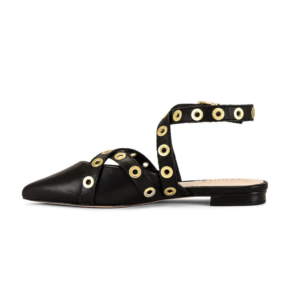 Schutz Emmie Ankle-Wrap Studded Leather Cutout Flats Buckle Black/Gold Size 6.5B - Picture 4 of 7